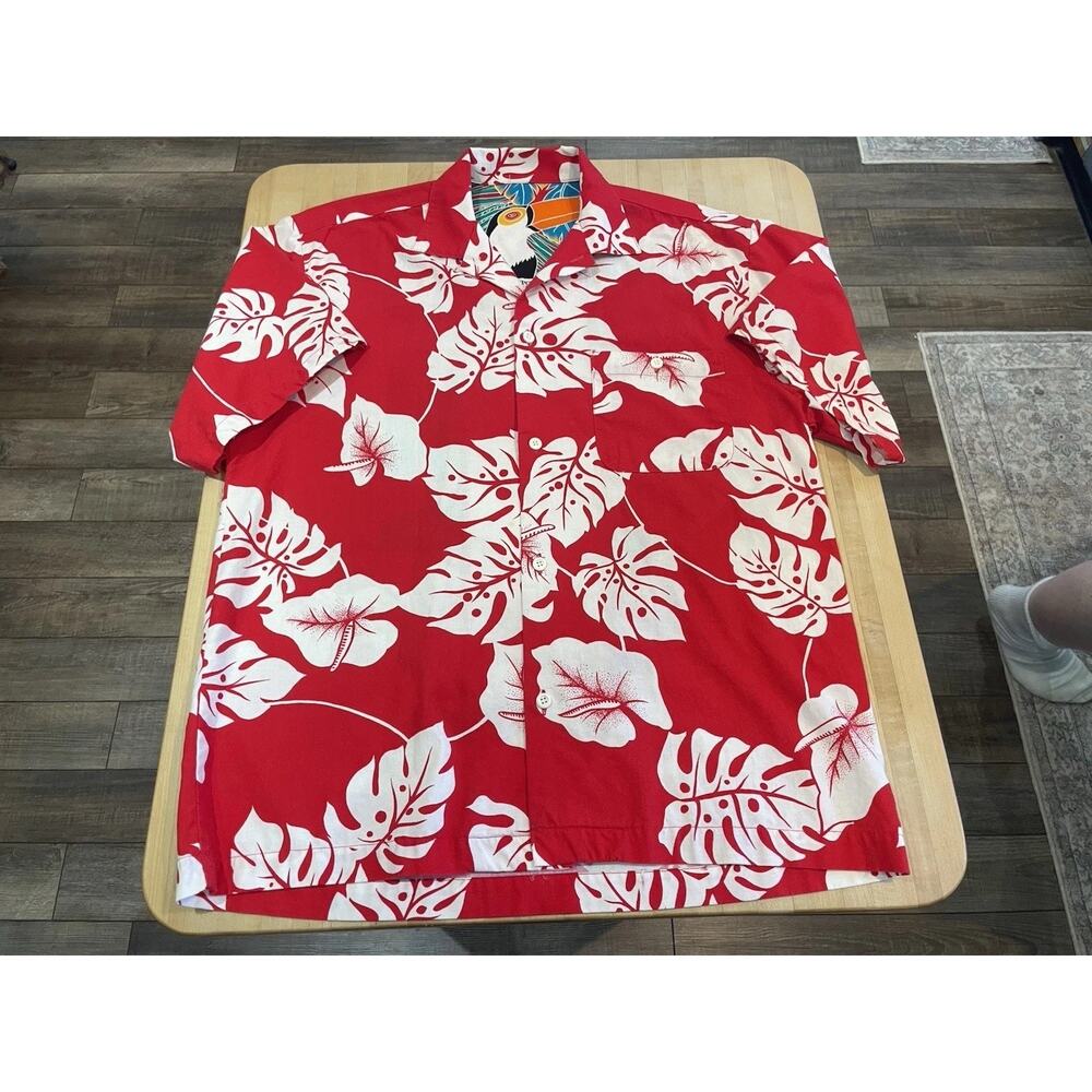 Hawaiian Red Hibiscus Floral Loud Toucan Back 80s Button Down Shirt M Cotton Vtg
